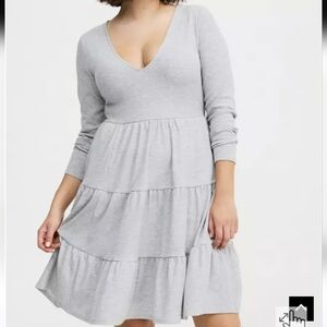 NWOT Torrid Tiered Waffle Knit Mini Dress Light Gray Long Sleeve